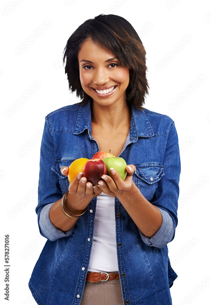 A healthy African model showcases her happiness while promoting organic fruits such as oranges and a