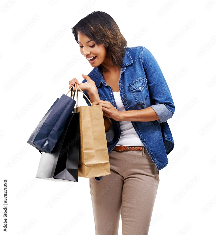 A marketing-savvy black woman is holding a shopping bag and promoting the great discount deals and p