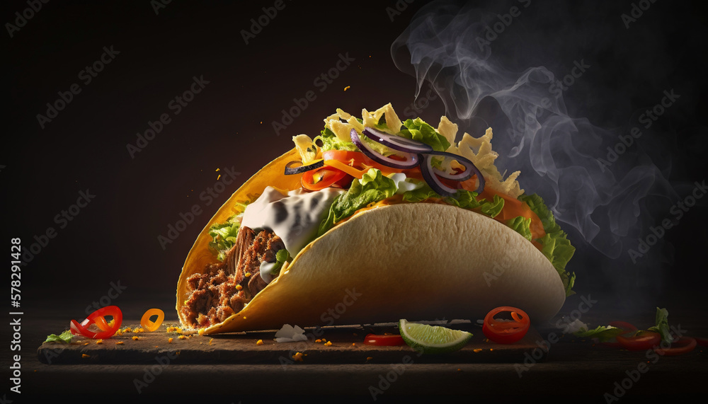 Super delicious taco with mustard and vegetables on dark background. Generative AI