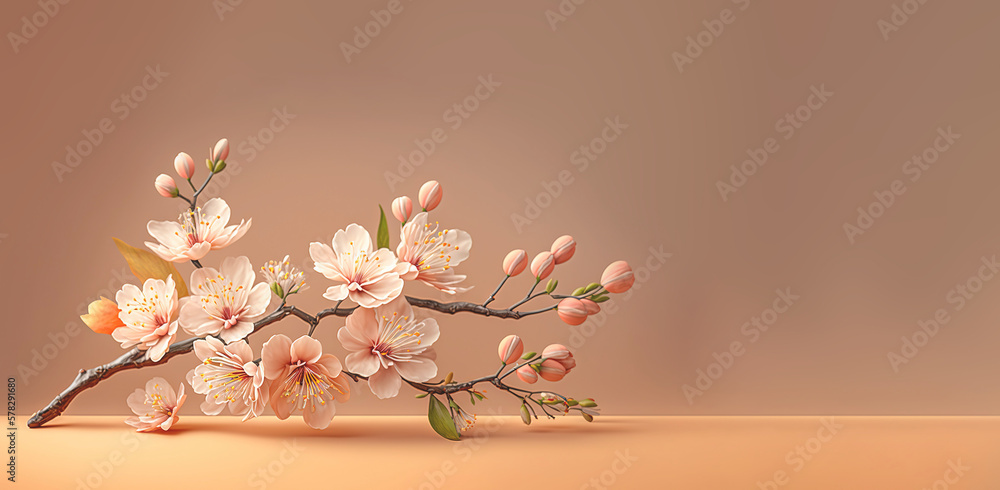 Close up of sakura flowers branch on a sunny day. Cherry blossom flowers. Generative AI