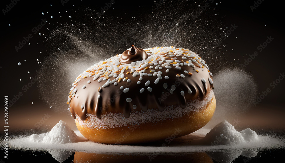 Super delicious donut powdered with sugar on dark background. Generative AI