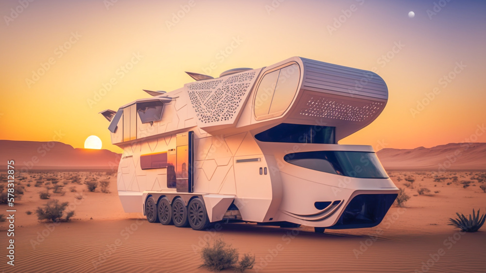 Modern Motorhome high-tech with futuristic design, parked on desert with a stunning sunset in the ba