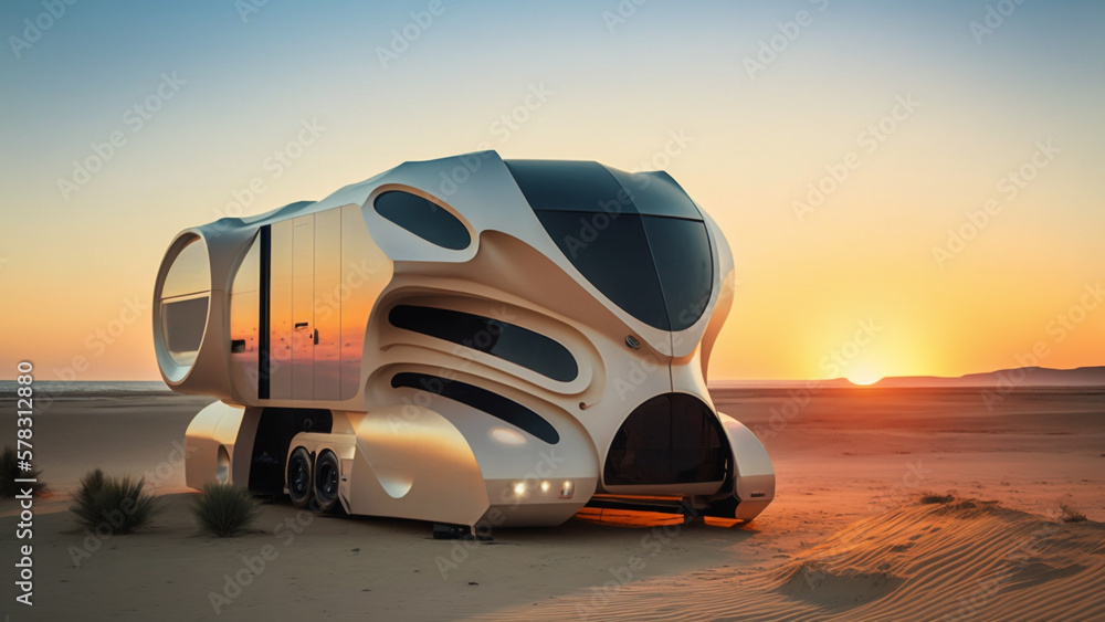 Modern Motorhome high-tech with futuristic design, parked on desert with a stunning sunset in the ba