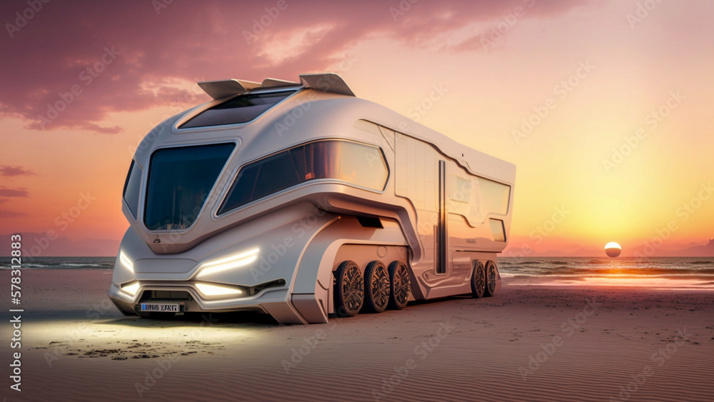 Modern Motorhome high-tech with futuristic design, parked on desert with a stunning sunset in the ba