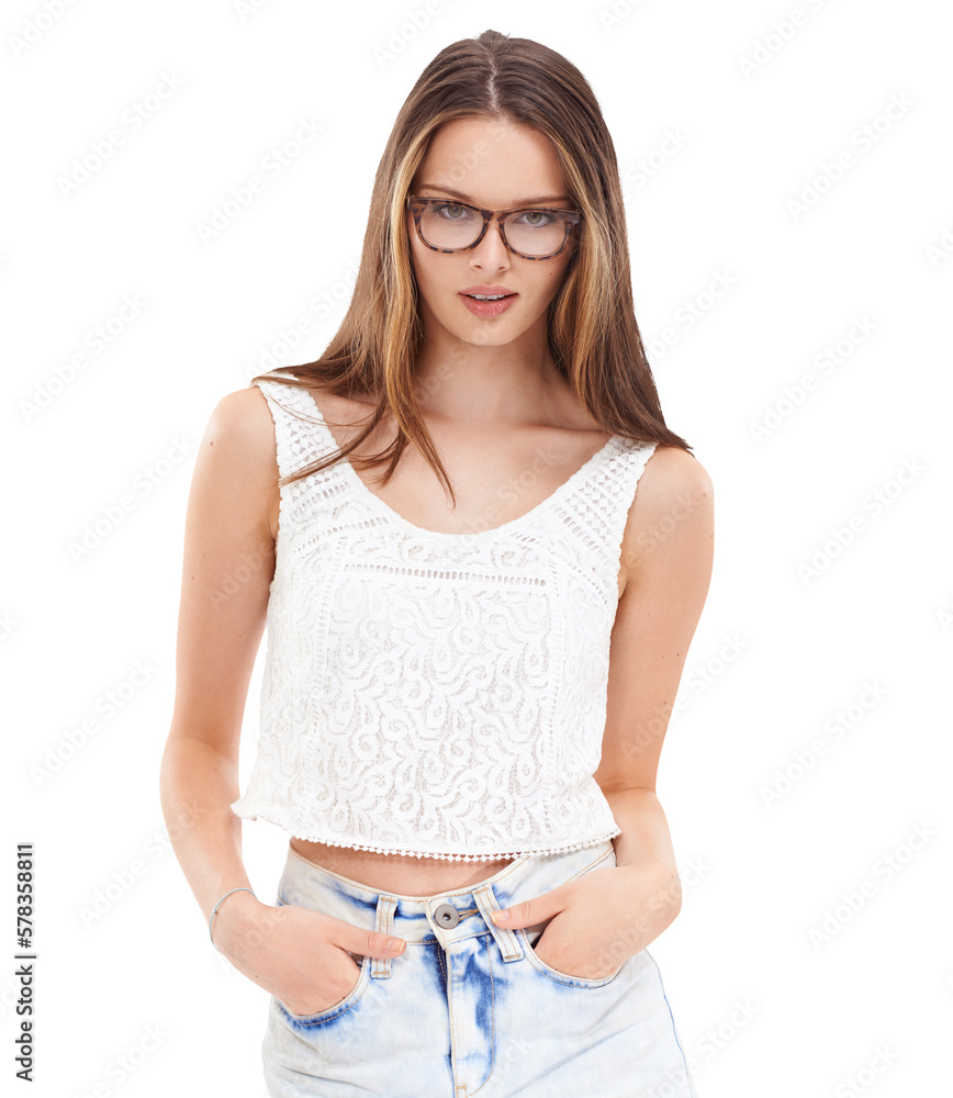 A woman wearing vision glasses with cool eye care and trendy fashion optician eyewear for marketing 