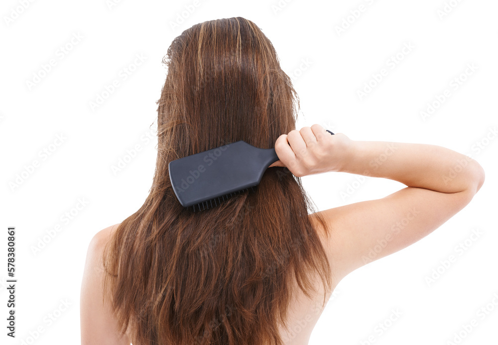 A rear view of a woman brushing her hair to detangle it, while using salon products to promote healt