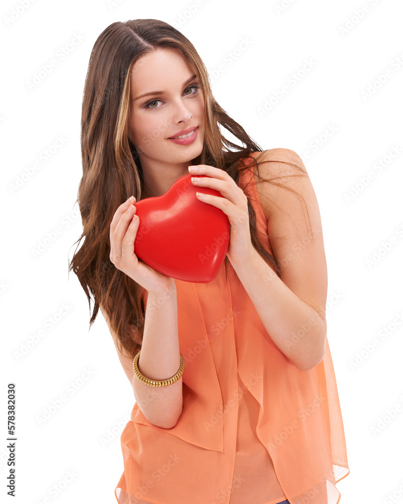 A female holding a symbol or romance with a valentines day red heart love in her hands isolated on a