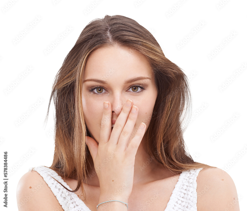 Surprised model or shocked woman showing facial expressions hands covering her mouth isolated on a p