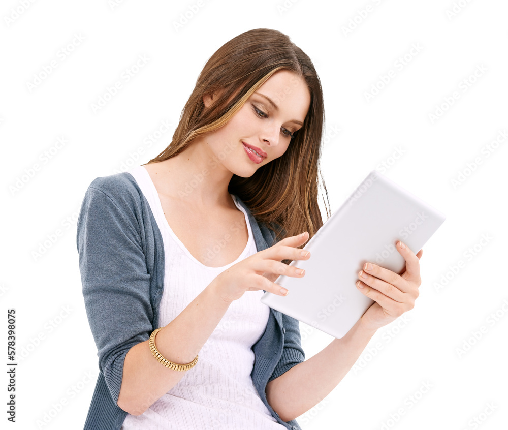 A happy millennial woman or e-commerce shopper browsing through a digital tablet in search of better