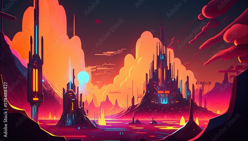 Dreamy futuristic landscape. Sci-fi building with light rays. Neon colored. Generative AI