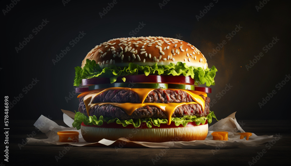 Super delicious hamburger with fresh vegetables on dark background. Generative AI