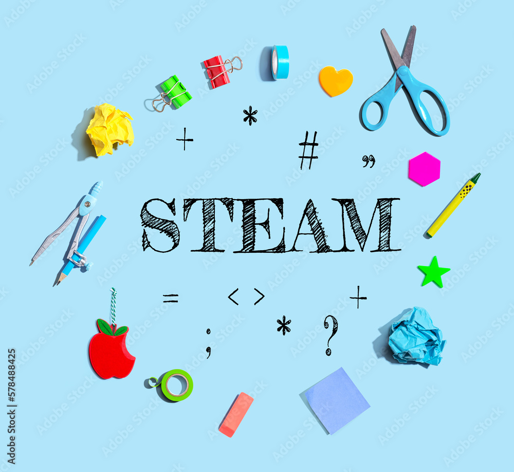 STEAM theme with school supplies overhead view - flat lay