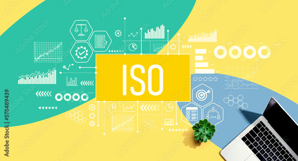 ISO theme with a laptop computer on a yellow, green and blue pattern background