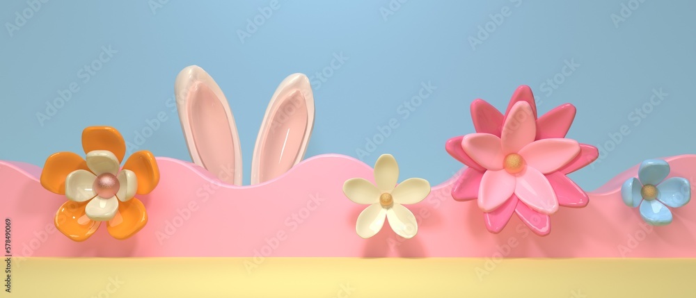 Easter holiday theme with decorations and rabbit ears - 3d render