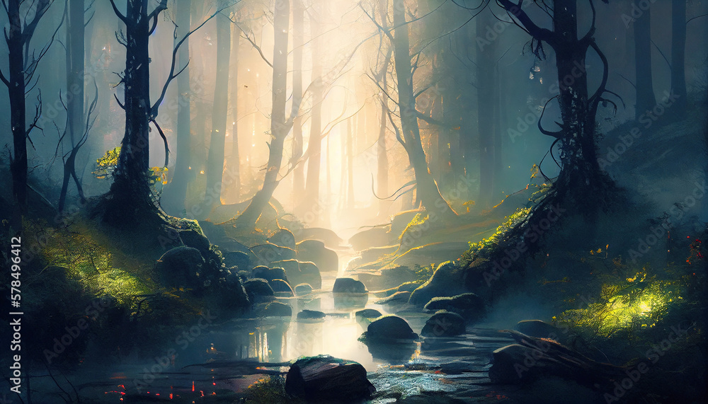 Misty forest with trees and water stream. Fairy world. Generative AI