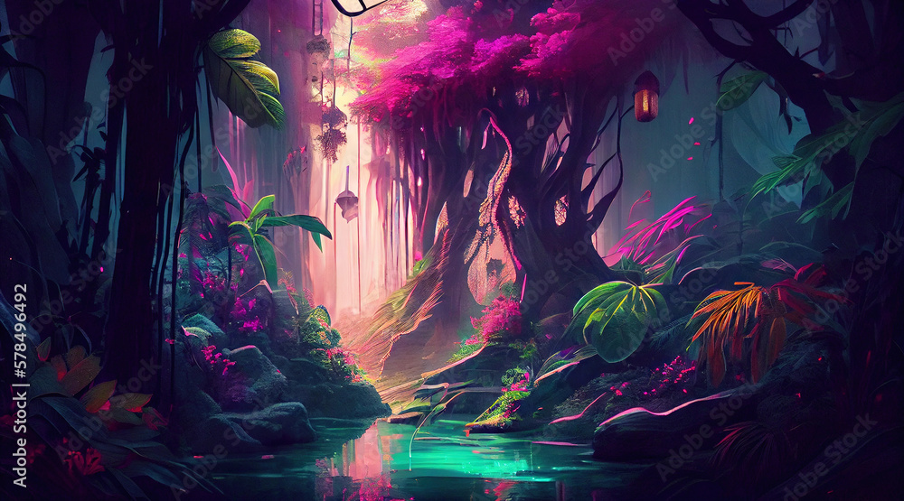 Virtual vibrant jungle forest. Neon-colored fairy river. Generative AI