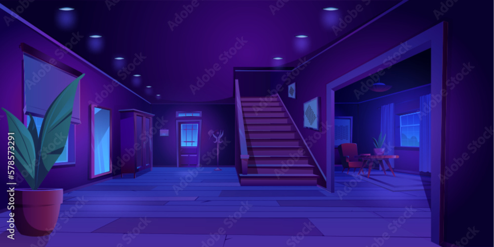 Dark house hallway wood rustic interior cartoon vector background. Entrance door and stair indoor ne