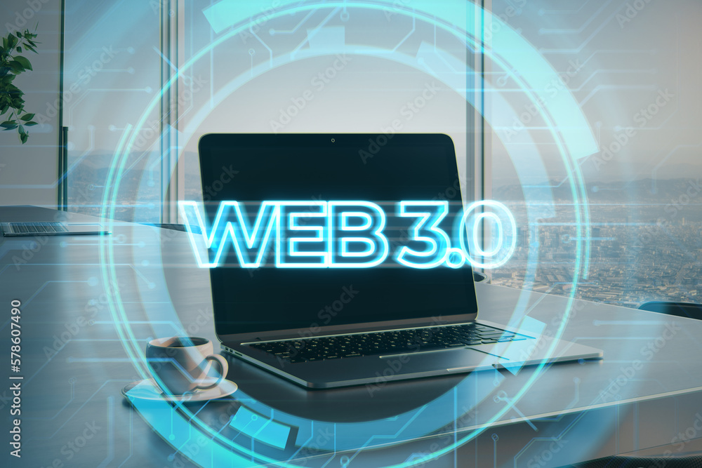 Web 3.0 - a new generation of the Internet, using blockchain and AI, modern technologies IoT. Laptop