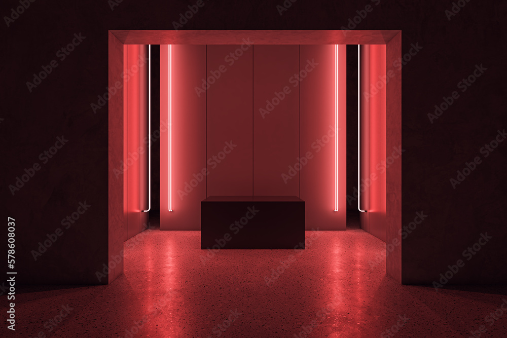 Abstract red room interior with podium and mock up place. 3D Rendering.