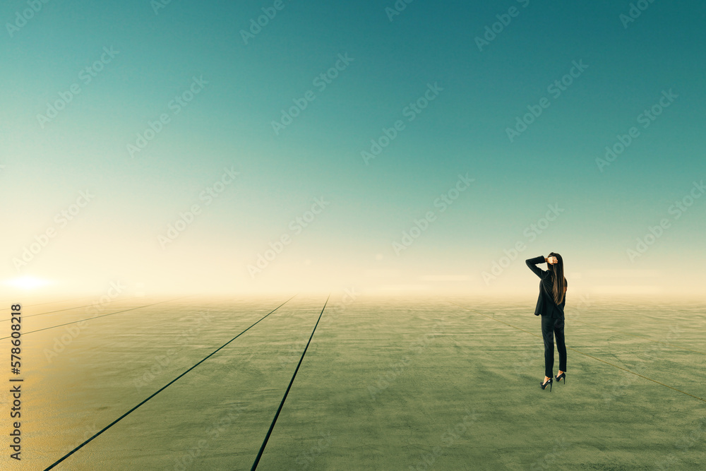 Businesswoman looking into the distance on abstract bright sky and ground background with mock up pl