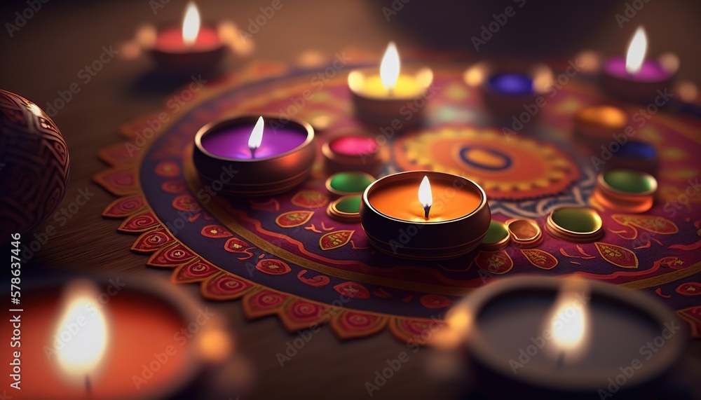 Diya lit lamps on rangoli. Diwali celebration concept. Generative AI