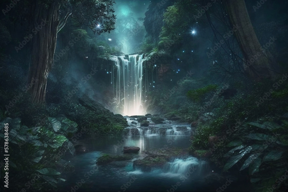 A starry night with a majestic waterfall surrounded by exuberant greenery, generative ai