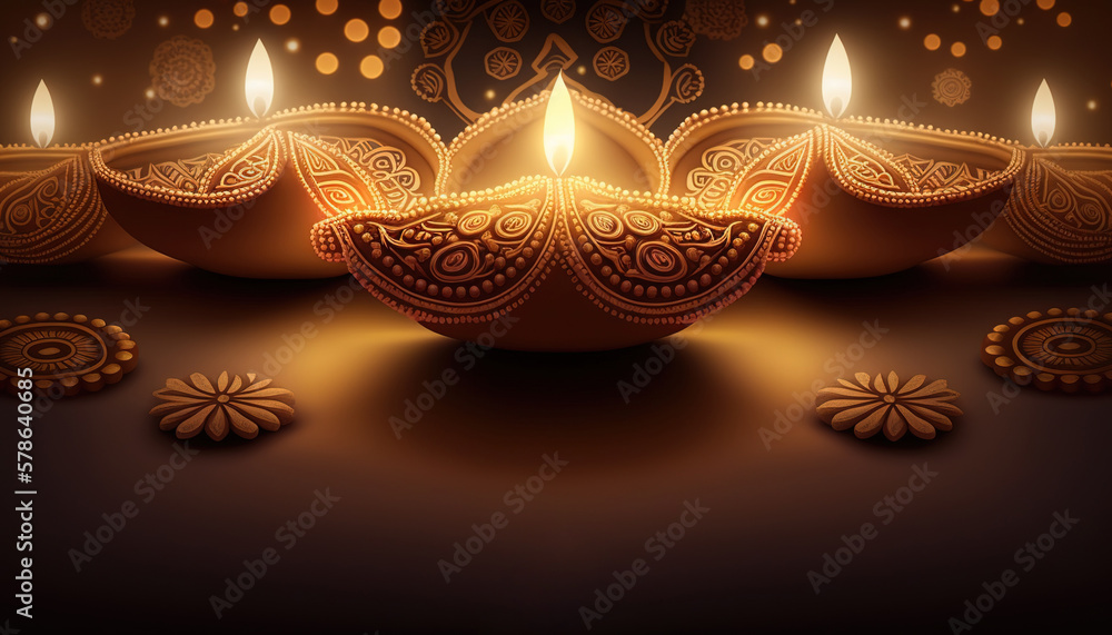 Diya lit lamps on rangoli. Diwali celebration concept. Generative AI