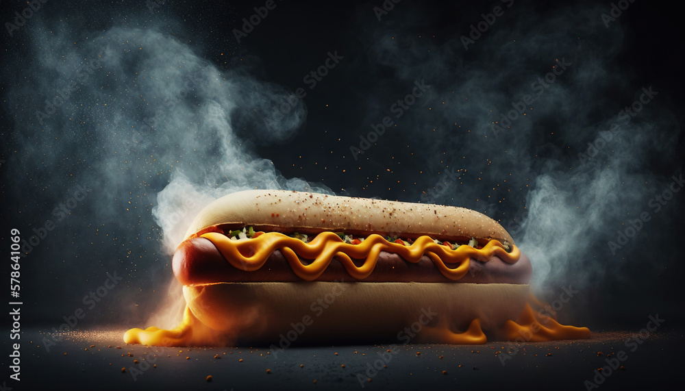 Super delicious hot dog with mustard and vegetables on dark background. Generative AI