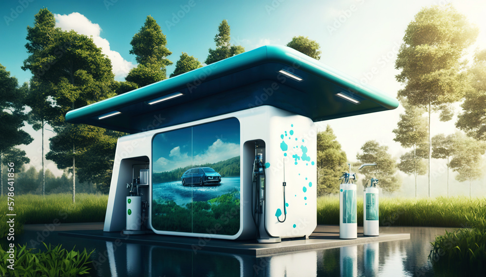 Hydrogen fuel cell station for cars recharging. Green energy. Generative AI