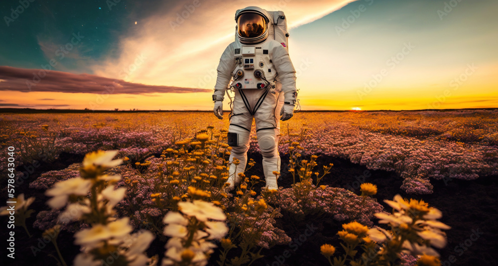 Astronaut standing in the field on a golden sunset. Generative AI.