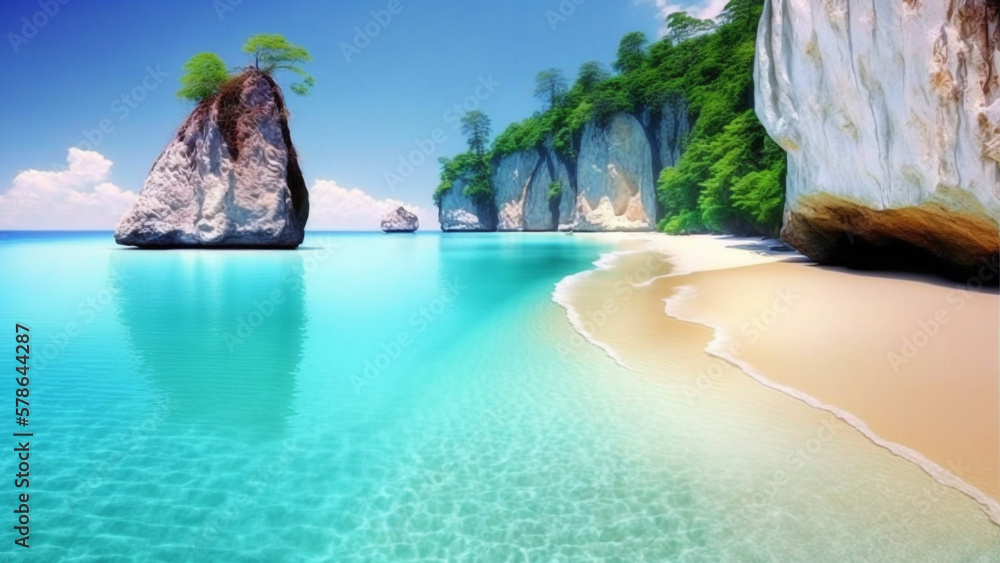 A paradise beach in a island with crystal clear water, generative ai