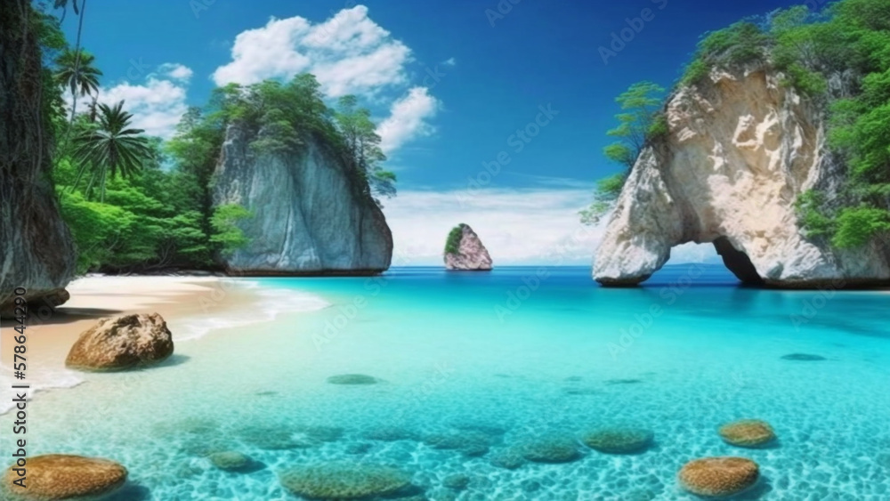 A paradise beach in a island with crystal clear water, generative ai