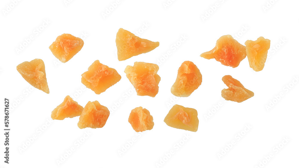 Candied melon pieces with sugar flying isolated on white background. Healthy dessert with fiber and 