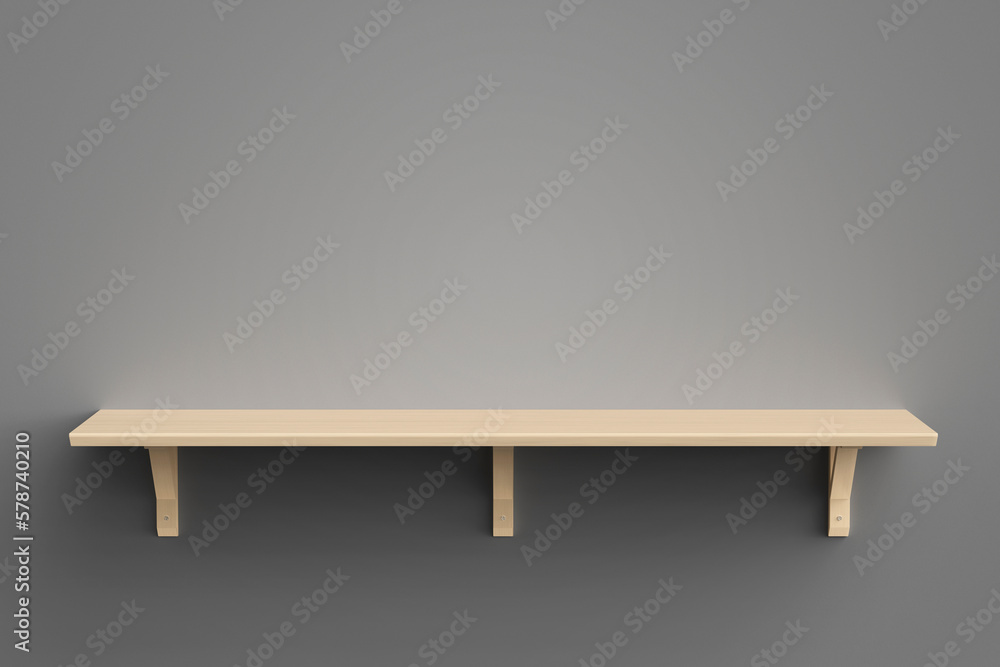 Empty wooden shelf with brackets on a grey wall, front view