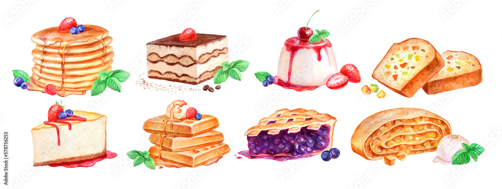 Hand painted watercolor illustration set of Desserts on white background