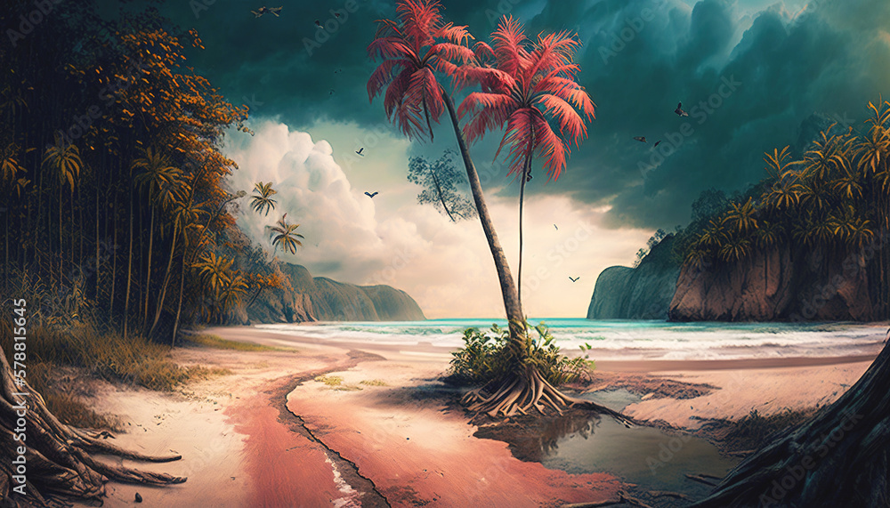 Tropical jungle on the ocean shore. Paradise landscape. Generative AI