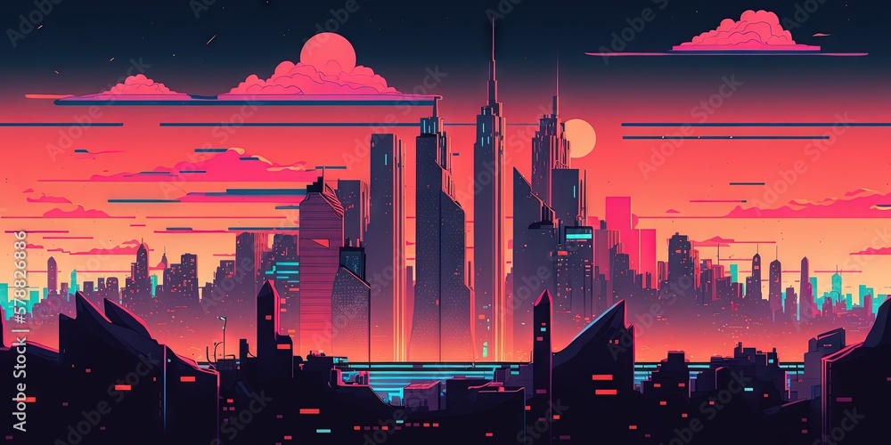 Panoramic cityscape in cyberpunk futuristic style. Towering skyscrapers in neon retrowave colors. Ge