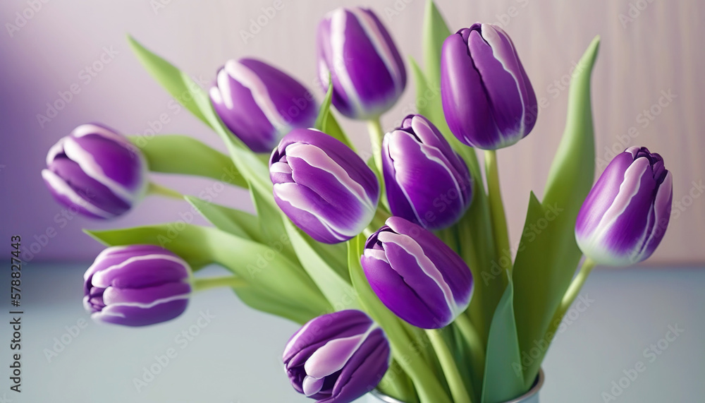 Bouquet of violet tulips on pastel background. Generative AI