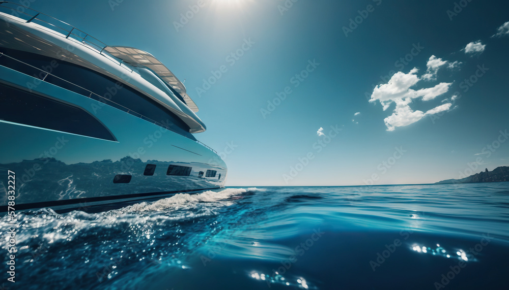 Low angle view on luxury yacht from the paradise turquoise ocean water surface. Sunny day in tropic 