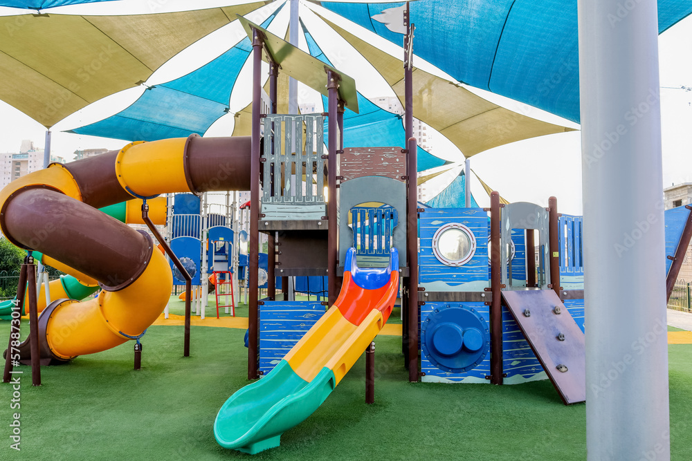 Slide in shape of ship on childrens playground