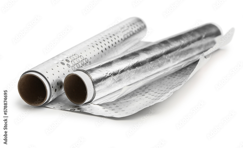 Rolls of aluminium foil on white background