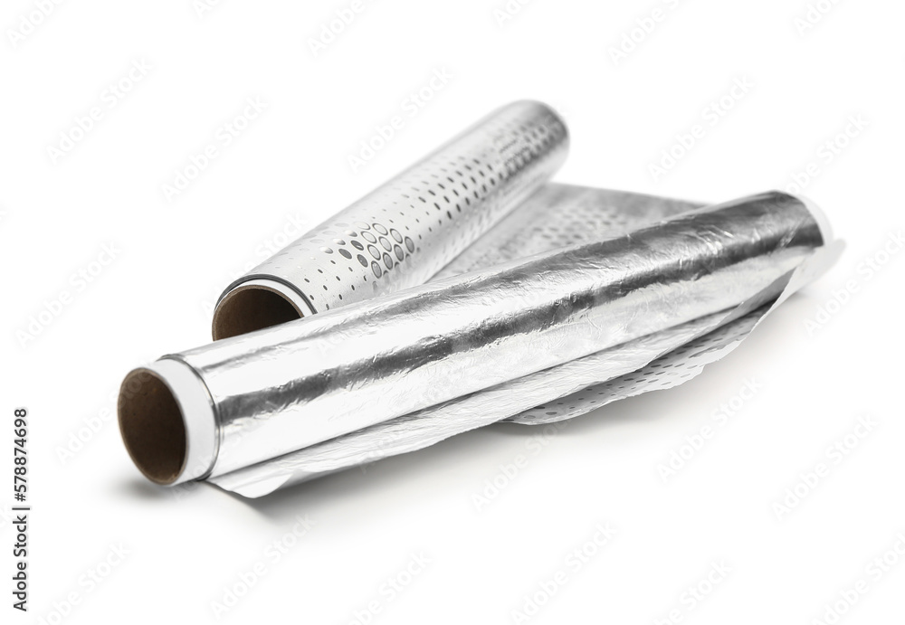 Rolls of aluminium foil on white background