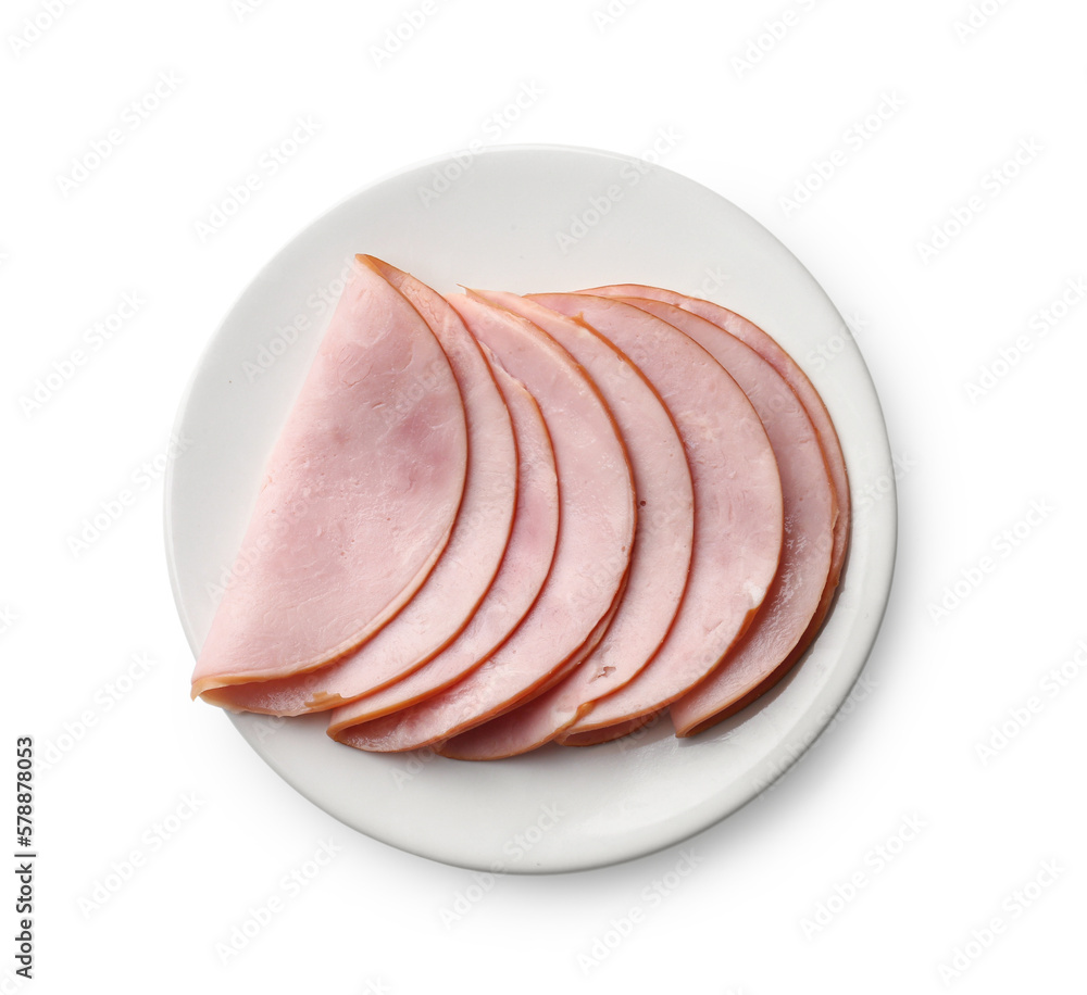 Plate with delicious ham slices isolated on white background