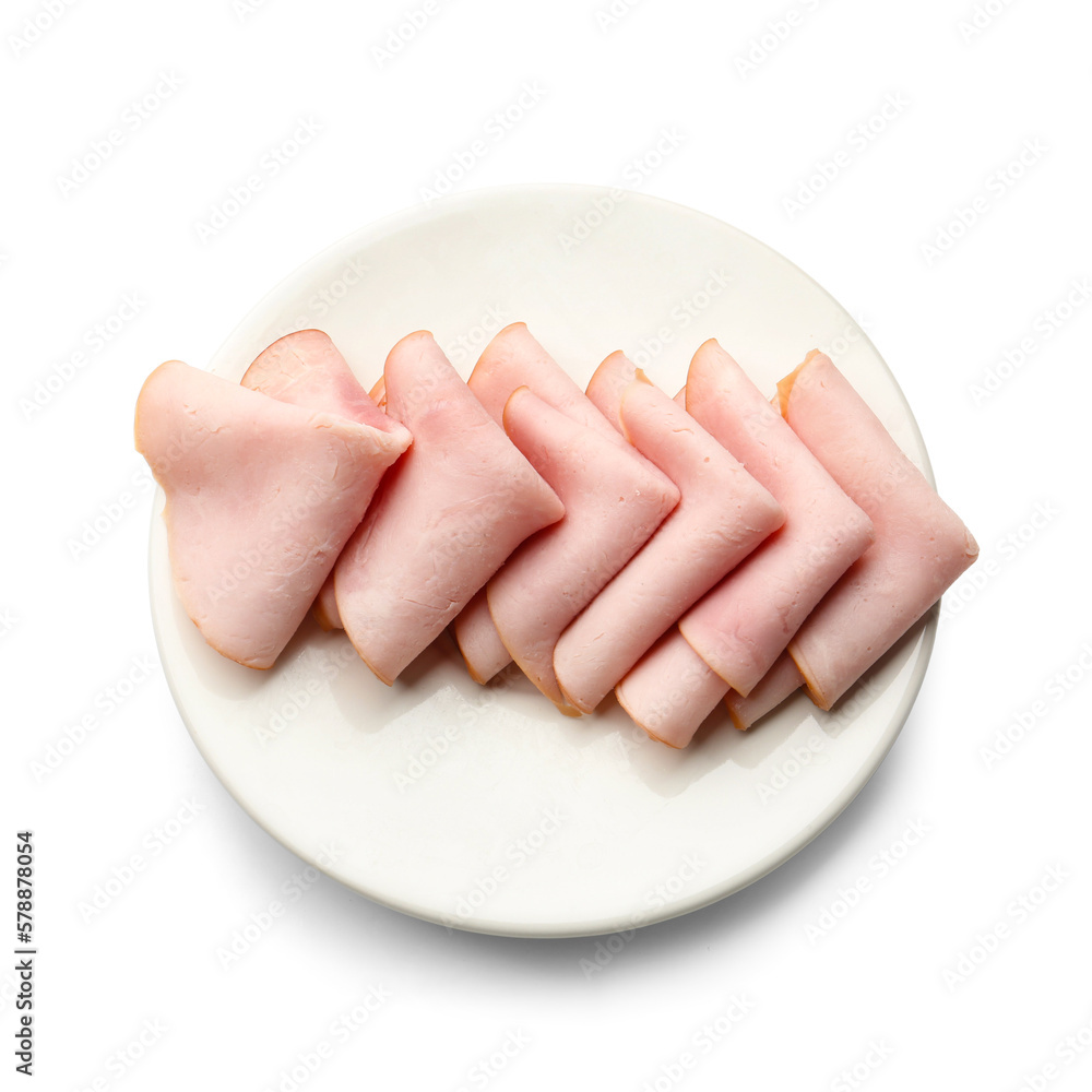 Plate with delicious ham slices isolated on white background