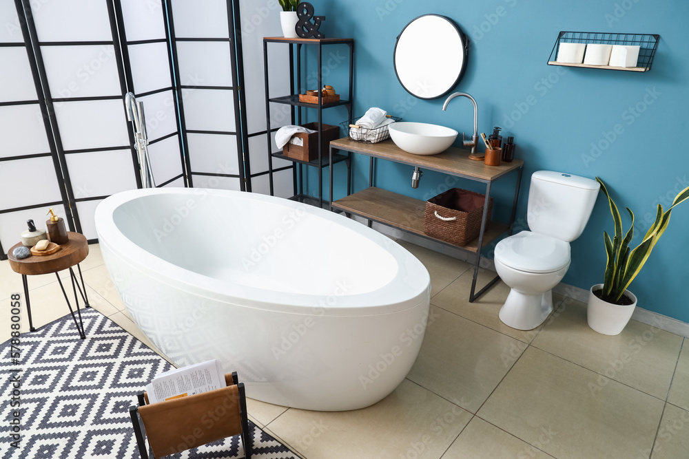 Interior of bathroom with sink, bathtub and mirror