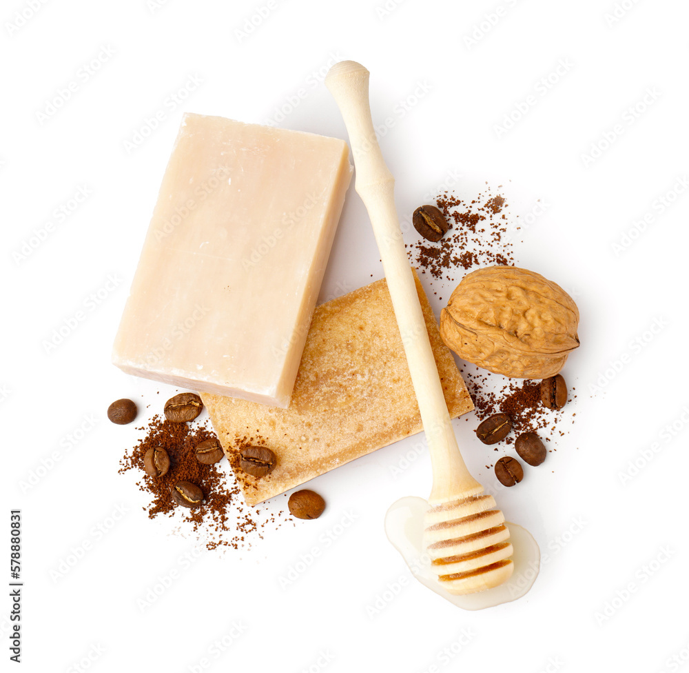 Soap bars and natural ingredients isolated on white background