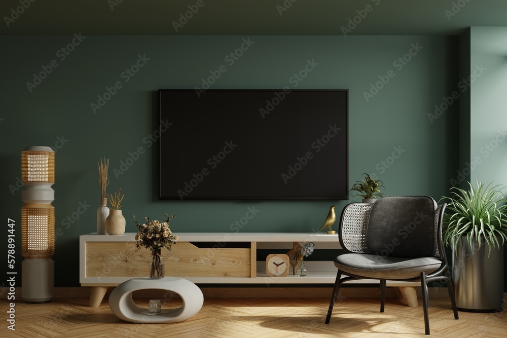 Wall mounted tv and cabinet with gray armchair in modern living room the dark green wall.