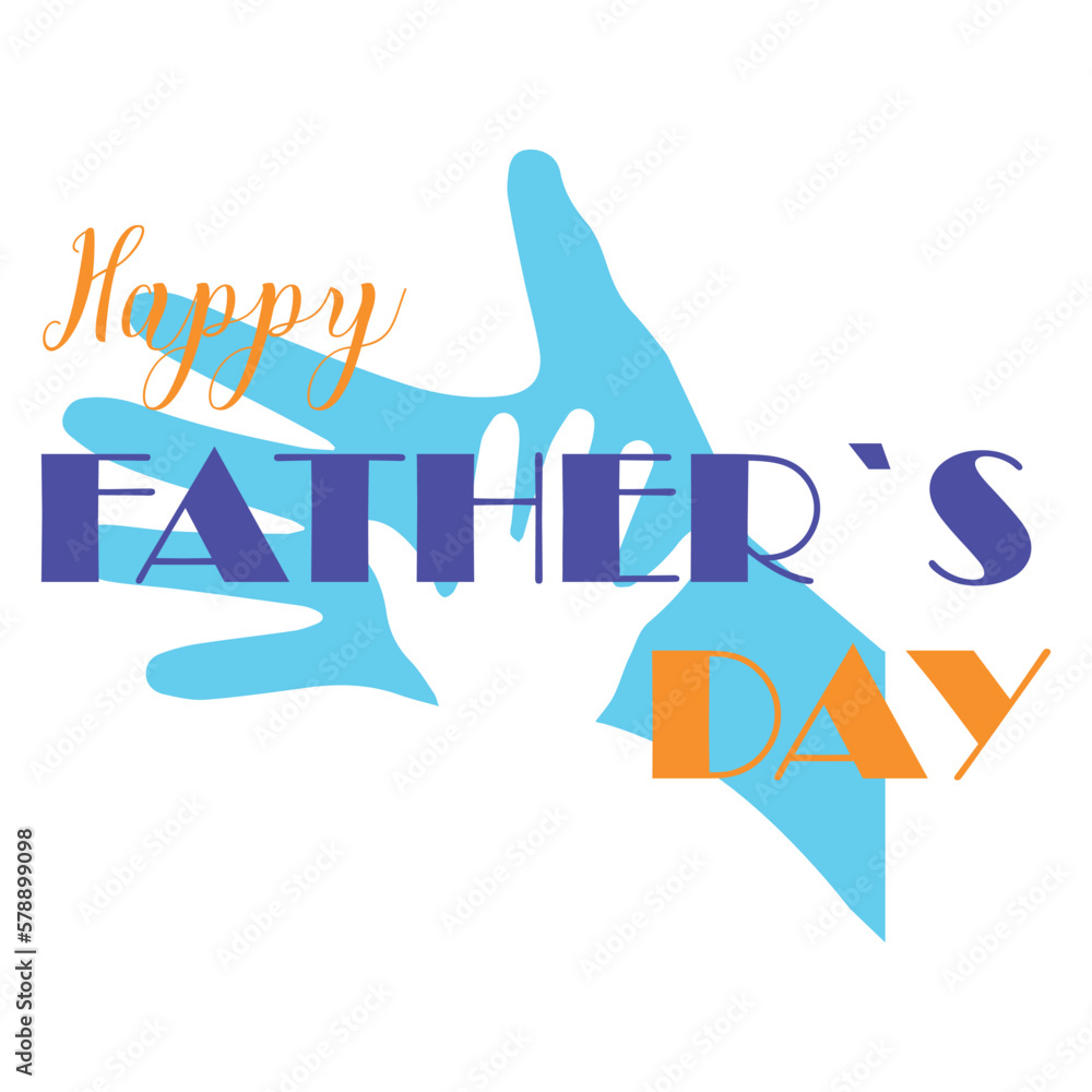 Greeting card for Fathers Day with hands of man and his child on white background