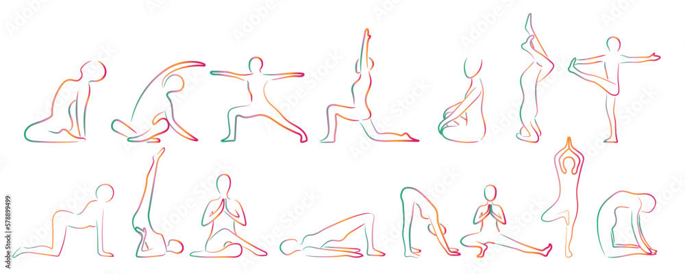 Many silhouettes of human doing yoga on white background