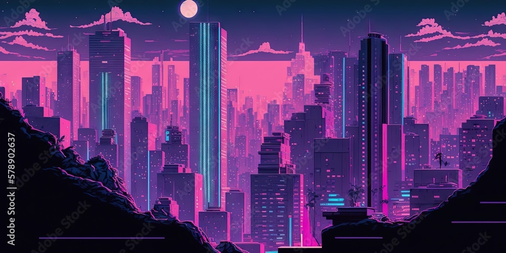 Panoramic cityscape in cyberpunk futuristic style. Towering skyscrapers in neon retrowave colors. Ge